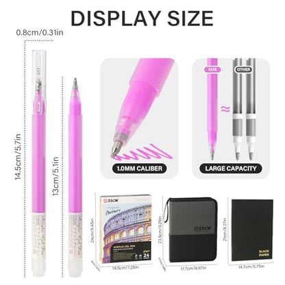 ZSCM 24 Colors 3D Acrylic Gel Pens & Black Paper Sketchbook for Drawing | 1mm Fine Point Acrylic Ink Pen, Opaque Archival Dull Ink Pens for Black Paper Drawing, Sketching, Illustration, Card Making - color: 24 Packs-Bright
