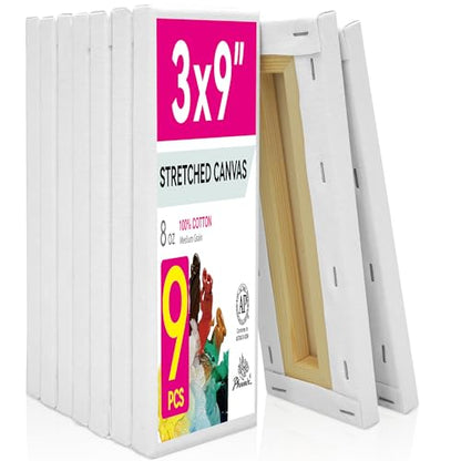 PHOENIX Skinny Stretched Canvas for Painting 3x9 Inch/9 Value Pack, 8 Oz Triple Primed, 5/8 Inch Profile, 100% Cotton White Blank Canvas, Rectangular Framed Canvas for Oil Acrylic & Pouring Art - size: 3"x9", style: Studio Set (8 Oz.)