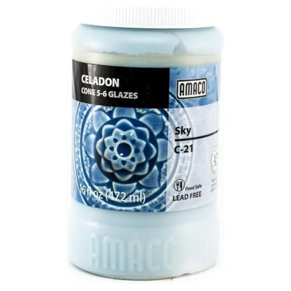 AMACO Celadon High Fire Gloss Glaze, 16 oz. (473 mL), C-21 Sky | Transparent, Mixable Mid-High Fire Cone 5-6 (C) Liquid Ceramic Pottery Glaze for Bisque - color: C-21 Sky