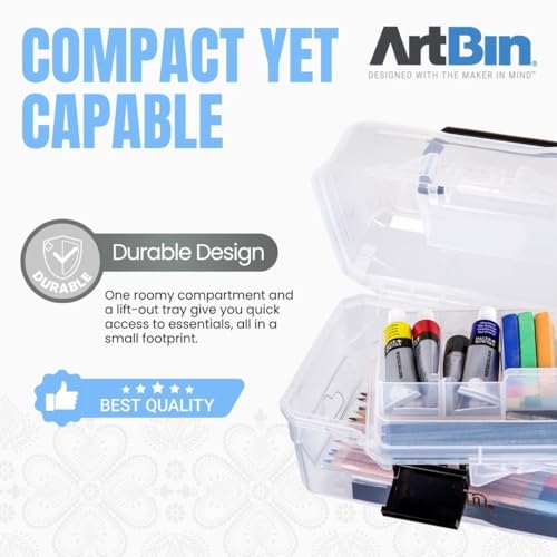 ArtBin 6890AG Small Project Box, Portable Art & Craft Organizer with Lift-Out Tray, [1] Plastic Storage Case, Clear | Lift-Out Tray, 9 x 5.75 x 5.5 Inches, Carry Handle, Secure Latches, Portable Craft Storage, Clear - size: Small