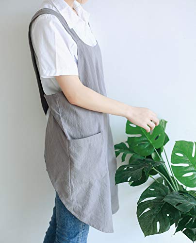 NEWGEM Japanese Cotton Linen Cross Back Cooking Apron for Women Men with Pockets Cute for Baking Kitchen - color: 02 - Women's Dark Gray