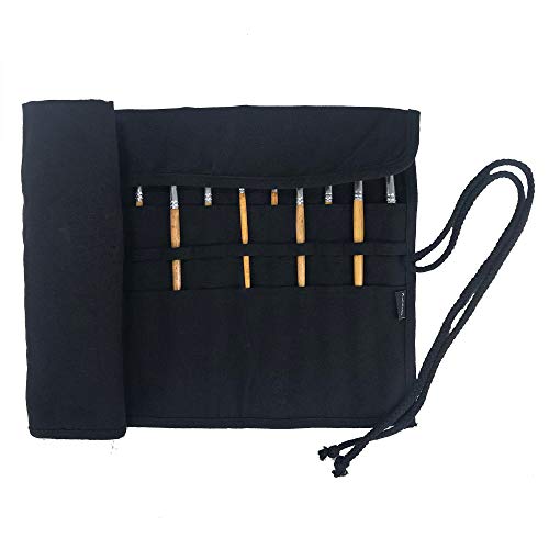 30 Pockets Artist Paint Brush Holder, Canvas Roll Up Case Bag & Storage Organizer Pouch Case- Store Brush, Pens Tools - color: Black