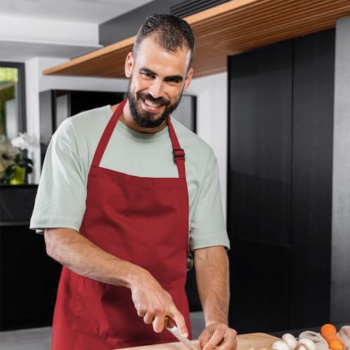 Adjustable Bib Apron 100% Polyester Kitchen Aprons Waterdrop Resistant Aprons with Adjustable Strap, Pockets & Long Ties - color: Red, style: Pack of 2