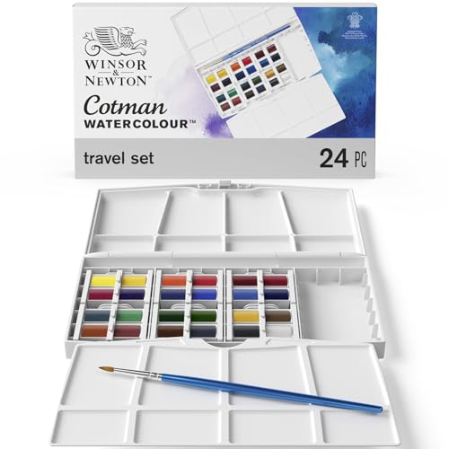 Winsor & Newton Cotman Watercolor Paint Set, 24 Half Pan Painting Plus Set | Introductory Watercolor made with Fine Art Pigments, Perfect for Beginners, Lightfast & Permanent, Good Tinting Strength - style: 24 Half Pan Studio Set