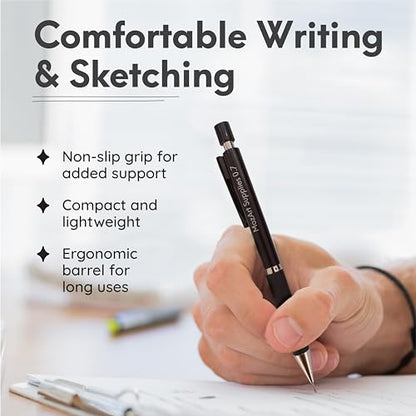 MozArt Mechanical Pencil 0.7mm Set 2x30 HB Lead & Eraser Pen Refills | Metal Mechanical Pencil with Lead & Eraser Refills – Sketch, Architecture, Drafting & Art for Students, Artists & Beginners - color: 0.7 Black