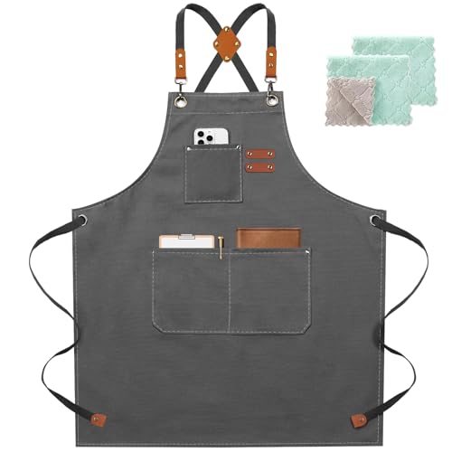 ZOMAO Chef Apron for Women Men with Large Pockets, Cotton Canvas Cross Back Waterproof Work Aprons for Kitchen Cooking Bib - color: Grey
