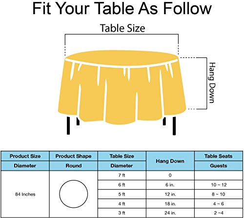 Yellow Plastic Tablecloths 2 Pack Disposable Table Covers 84 Inch Circle Bridal Shower Party Tablecovers PEVA Vinyl Table Cloths for BBQ Picnic Birthday Wedding Banquet Parties 6 ft Round Table Use - color: D03 Yellow