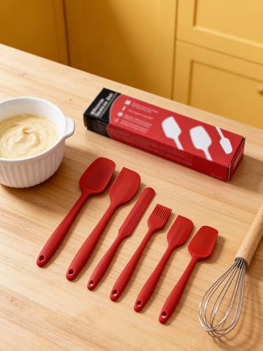 6 Pieces Silicone Spatula Set - Heavy Duty Kitchen Cooking Serving Utensils, Non-Stick Silicone Cooking Utensils Set, Kitchen Utensil Set with Oil Brush, Jar Spatula & Mini Spatulas (Red) - color: Red