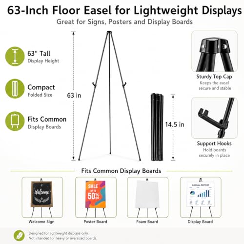 3 Pack Easel Stand for Sign, 63 Inch Portable Display Easel Stand, Black Metal Floor Easel for Wedding Welcome Sign, Poster Board, Party, Presentation, Event Display with Storage Bags
