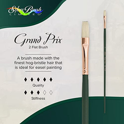 Silver Brush 1001-2 Grand Prix Premier Long Handle Hog Bristle Brush, Flat, Size 2 | Stiff Flagged Hog Bristle, Superb Paint Absorbency, Well-Balanced, Lightly Textured Strokes, Easel Painting - size: Size 2