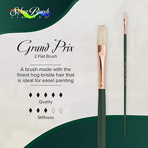 Silver Brush 1001-2 Grand Prix Premier Long Handle Hog Bristle Brush, Flat, Size 2 | Stiff Flagged Hog Bristle, Superb Paint Absorbency, Well-Balanced, Lightly Textured Strokes, Easel Painting - size: Size 2
