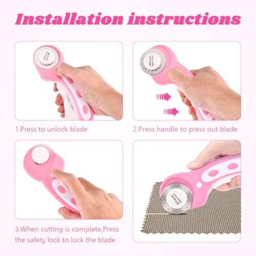 45mm Rotary Cutter for Fabric with 10pcs Replacement Blade, Rolling Fabric Cutter Crochet Edge Skip Stitch Blade for Quilting Crafts Sewing(COLOR:pink)