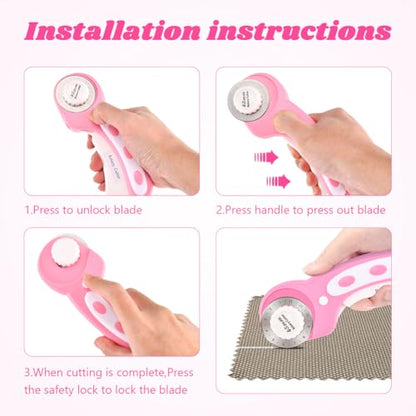 45mm Rotary Cutter for Fabric with 10pcs Replacement Blade, Rolling Fabric Cutter Crochet Edge Skip Stitch Blade for Quilting Crafts Sewing(COLOR:pink)