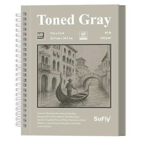 SuFly Gray Sketchbook 9" x 12" - 60 Sheets Spiral Bound Sketch Book, 85lb/130gsm Drawing Paper Pad for Graphite, Charcoal, Colored Pencils and Gel Pens. - color: Toned Gray, size: 9-x-12-inch:1 Pack