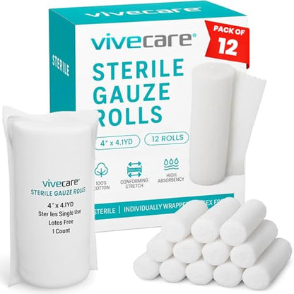 Vive Care XL Gauze Wrap Roll for Wounds (12 Count) Large Sterile Rolls - Individually Wrapped Medical Bandages HSA/FSA Approved - Extra Absorbent & Adhesive Gauze - 4"x4.1" Yards | Individually Wrapped Medical Bandages HSA/FSA Approved - Extra Absorbent &