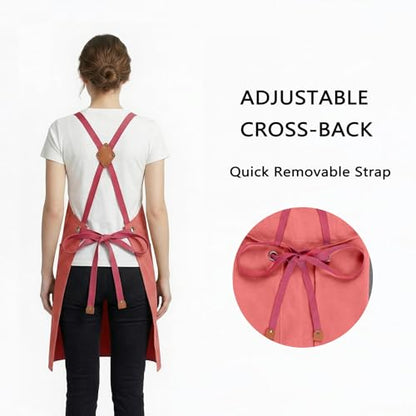 ZOMAO Chef Apron for Women Men with Large Pockets, Cotton Canvas Cross Back Waterproof Work Aprons for Kitchen Cooking Bib - color: Pink