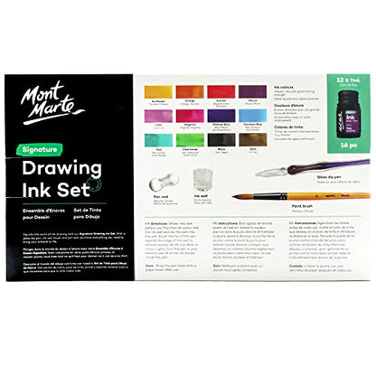 Mont Marte Drawing Ink Kit Signature 16pc, Great Art Set, Includes 12 x 7ml (0.24 US fl.oz) Ink Colours, Glass Dip Pen, Paint Brush, Pen Rest, Ink Well, for Illustration, Calligraphy, Scrapbooking
