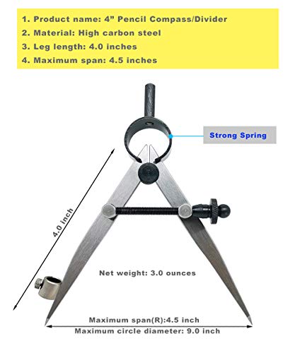 4 inch Woodworking Compass with Pencil Holder, Precision Spring Divider/Scriber, Metal Compass for Leather Work Metalworking