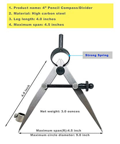 4 inch Woodworking Compass with Pencil Holder, Precision Spring Divider/Scriber, Metal Compass for Leather Work Metalworking