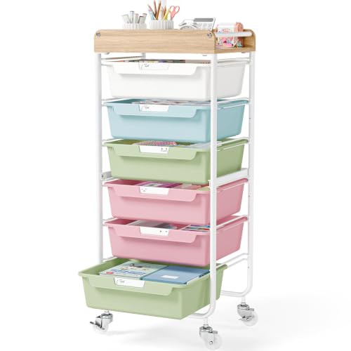 SYKIARIOL 6 Drawer Rolling Cart for Craft Storage,Utility Cart,Colourful | Organizer with Handle and Wooden Top,Storage on wheels for Office,Classroom,Laundry,Garage,Snack,Art Supply - color: Colorful, size: 6-Drawer
