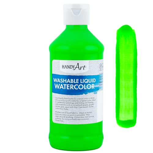Handy Art Washable Liquid Watercolor Paint, Fluorescent Green, 8 oz Bottle | Ready to Use Concentrated Dye-Based Liquid, Deep Color Strength, Dilute with Water, Certified Safe AP Non-Toxic, Made in USA - color: Fluorescent Green