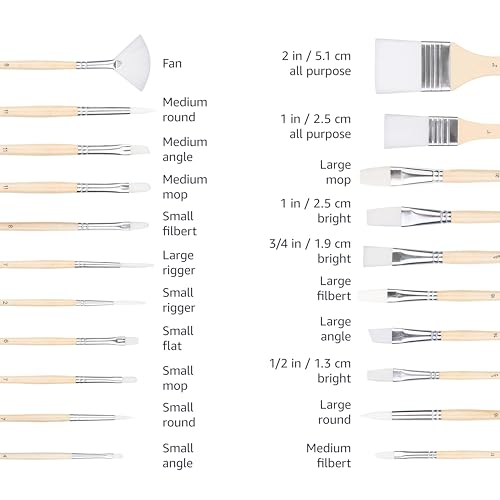 Amazon Basics Multi-shaped Polyester Paint Brushes for Acrylic, Oil, Watercolor, Gouache, Fine Detailing, Face Painting, 24 Count Different Sizes, Wood Color