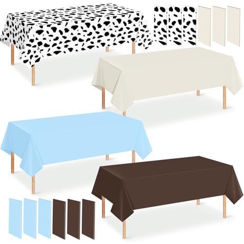 12 Pack Cowboy Baby Shower Plastic Tablecloth for Rectangle Tables, Cow Print Western Disposable Table Cover, Blue Rustic Table Cloth for Western Farm Cowboy My First Rodeo Baby Shower Party Decor - color: Beige Light Blue Coffee Cow Print