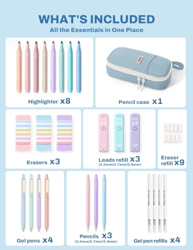SUNEE Pencil Case with Supplies, 35PCS Aesthetic Stationery Set with Pastel Highlighters, Black Gel Pens, Mechanical Pencils & Refills, College School Supplies for Students and Girls, Blue - color: Blue, style: 35 Pack
