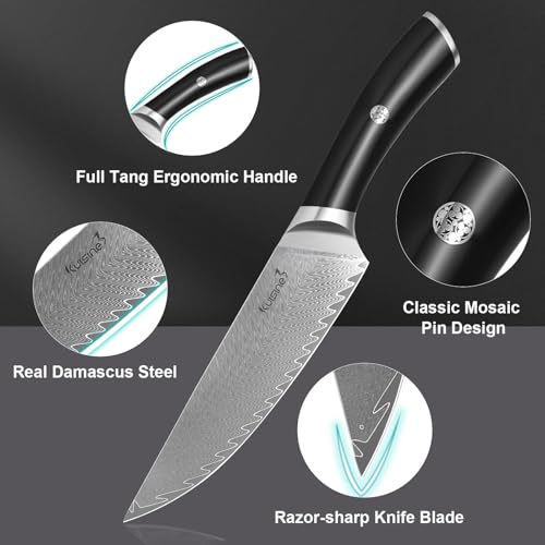 KUISINE 14-Piece Damascus Knife Set with Block, Ultra Sharp | Ergonomic Non-slip Handle Chef Knife Set with Built-in Sharpener, Dishwasher Safe, Luxury Gift for Holiday - color: Silver, size: 14 pieces