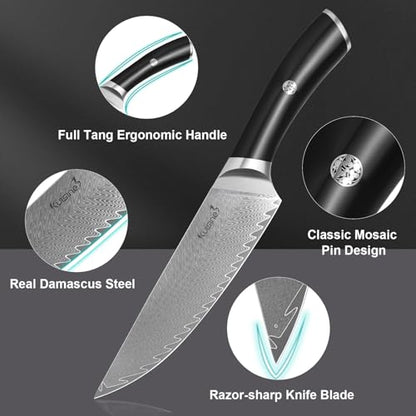 KUISINE 14-Piece Damascus Knife Set with Block, Ultra Sharp | Ergonomic Non-slip Handle Chef Knife Set with Built-in Sharpener, Dishwasher Safe, Luxury Gift for Holiday - color: Silver, size: 14 pieces