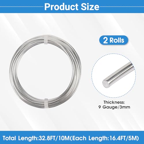 2 Rolls Aluminum Craft Wire, 9 Gauge (3mm) Flexible Metal Wire for Jewelry Making, 32.8 Ft (16.4 Ft/Roll) Bendable Armature Wire for Bonsai, Sculpting and DIY Crafts [Silver] - size: 9Gauge 16.4Ft Each, style: Silver