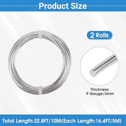 2 Rolls Aluminum Craft Wire, 9 Gauge (3mm) Flexible Metal Wire for Jewelry Making, 32.8 Ft (16.4 Ft/Roll) Bendable Armature Wire for Bonsai, Sculpting and DIY Crafts [Silver] - size: 9Gauge 16.4Ft Each, style: Silver