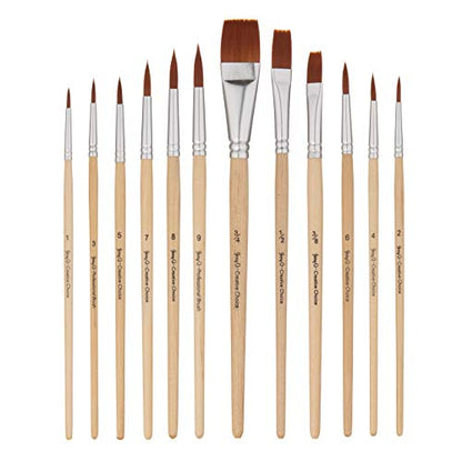 Jerry Q Art 12 PC Brown Synthetic Hair Round and Flat Paint Brush Set with Short Wood Handles for Acrylic, Watercolor and All Media JQ59831