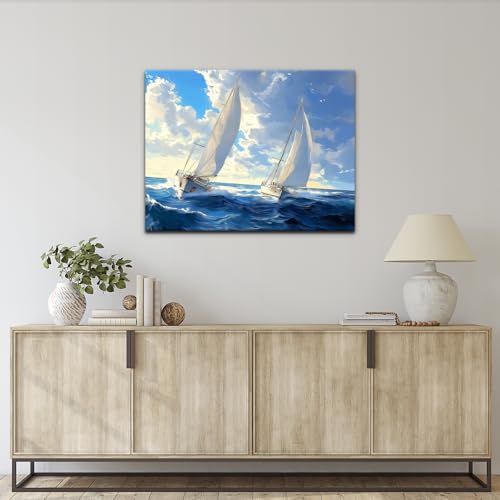Natuyalo Framed Paint by Numbers Kit for Adults Beginner, Sailboat in Waves Adult Paint by Number Kits on Canvas, DIY Acrylic Paint by Number for Adults with Frame 12x16 Inch - color: Color-05