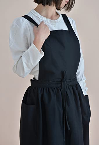 VLZUFE Women Cotton Linen Cross Back Apron with Pockets for Gardening Works Pinafore Dress Black - color: Black