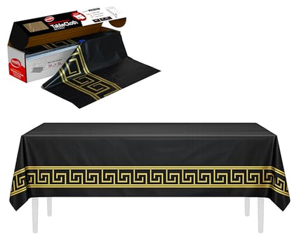Neatiffy Plastic Tablecloth Roll with Slide Cutter, Disposable Waterproof Table Cover, Cut to Size for Rectangular & Round Tables, Party, Picnic, Wedding, 54 in x 54 ft, Black Gold Design - color: Black With Golden Design
