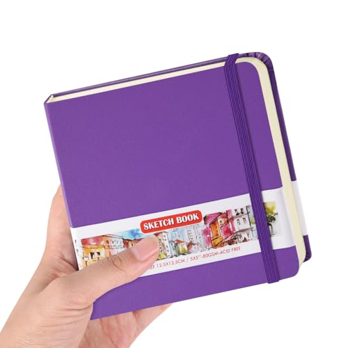 5x5 Pocket Sketch Book,80gsm Hardcover Art Sketchbook for Drawing Journal | PU Cover,Blank Paper,96Sheets/192Pages,Lay-Flat,Portable Travel Creation Paint Diary Memo Planner,Dry Media.Purple - color: PU Cover-5x5in-Purple