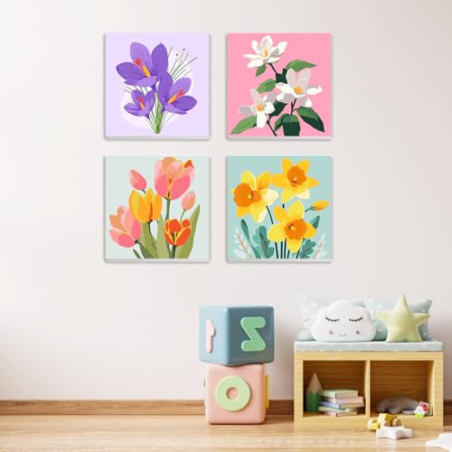 MXJSUA 4 Pack Tulips Flowers Framed Paint by Numbers Kit with Canvas for Adults Beginner, DIY Acrylic Oil Painting Kits with Brushes for Home Wall Decor Gift (8x8 inch) - color: Tulips Flowers