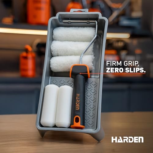Harden Professional 4 inches 7-Piece Paint Roller Brush Set – Includes Foam & Polyester Acrylic Rollers, Silver Paint Trap, TPR Handle – Ideal for Smooth Finishes on All Paint Types