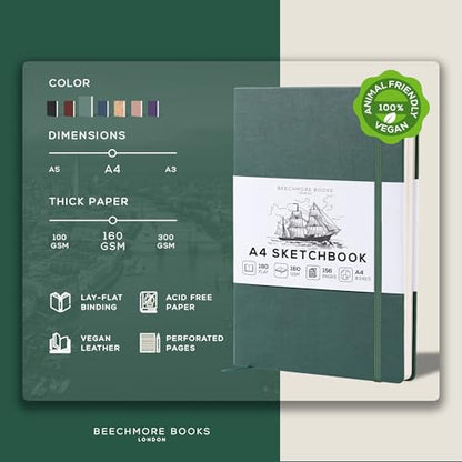 Beechmore Books A4 8.5x11 Mixed Media Sketchbook 160 GSM/98LB with Gift Box - color: Dartmouth Green, size: A4 - 8.5" x 11.5" Large
