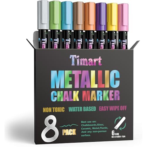 Timart 8 Pack Metallic Liquid Chalk Markers | 6mm Reversible Tip,Wet & Dry Erase Chalk Pens,Non-Toxic Chalkboard Markers for Glass, Washable Window Markers - color: Metallic 6mm Reversible Tip