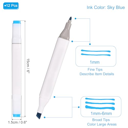 PATIKIL Dual Tip Alcohol Art Markers, 12 Pcs White Barrel Alcohol Markers with Brush Tip and Fine Tip for Illustration Artist Adult Coloring Drawing Permanent Sketching, Sky Blue - color: Sky Blue