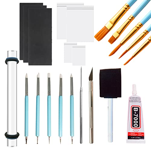 22 Air Dry Clay Tools for Adults Jewelry Making Sculpting Polymer Supplies Acrylic Roller Paint Brushes Set Dotting Scoring Stylus Craft Glue Sponge Silicone Clear Modeling Airdry Earring Kit - color: 22 Pcs