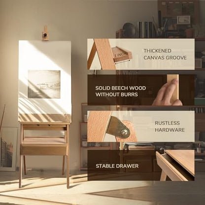Large Beech Wood Painting Easel H-Frame, Drawer with Palette - color: Wooden Pro