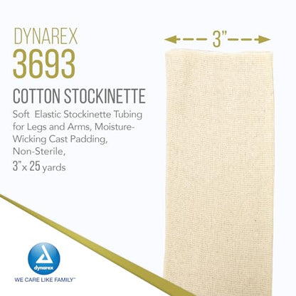 Dynarex Tubular Cotton Stockinette - Non-Sterile Elastic Stockinette Tubing for Legs & Arms - Moisture-Wicking Cast Padding - 3" x 25 Yards, Case of 4