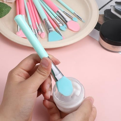 14 Pcs Silicone Makeup Brush Applicator Kit, Silicone Brush Applicator for Cream Makeup Products and UV Resin Epoxy Art Crafting, Resin Face Mask Brushes Green+Pink