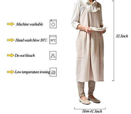 Women Girls Cross Back Apron Gardening Works Cotton Aprons Pinafore Dress - color: Beige