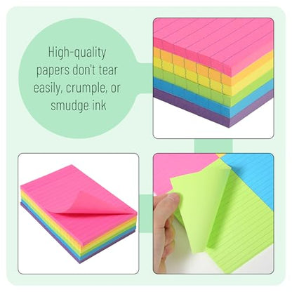 Mr. Pen- Lined Sticky Notes, 4" x 6", 6 Pads, 45 Sheets/Pad | Sticky Notes with Lines, Ruled Post Stickies, Memo Pads, Self-Stick Note Pad for Office, School, Home, Study - color: Vibrant, size: 4 x 6 inches, 6 Pads