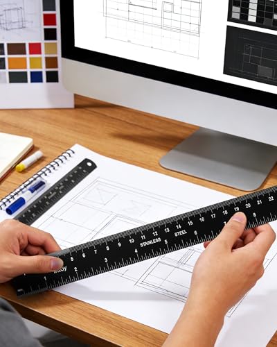 Metal Ruler 12 Inch and 6 Inch with Metric Scales Millimeter, Centimiter, and Conversion Table, Easy to Read Straight Edge Starts at 0, Stainless Steel Rule for School and Office, 2 Pack