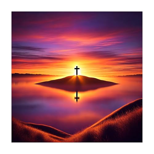Modern Merch Jesus Diamond Art for Adults Sunset Cross Christian 5D Diamond Painting Kit for Adults Landscape, DIY Jesus Wall Art Cross Stitch Kits Gem Art, Round Drill 12x16 Religious Gifts for Women - color: Sunset Cross